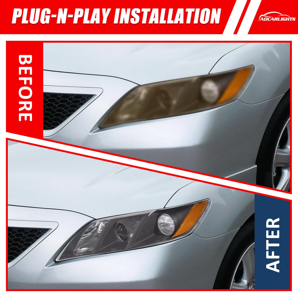 Compatible with 2007-2009 Toyota Camry Headlights Assembly Black Housing Amber Reflectors Left and Right Pairs Q83152