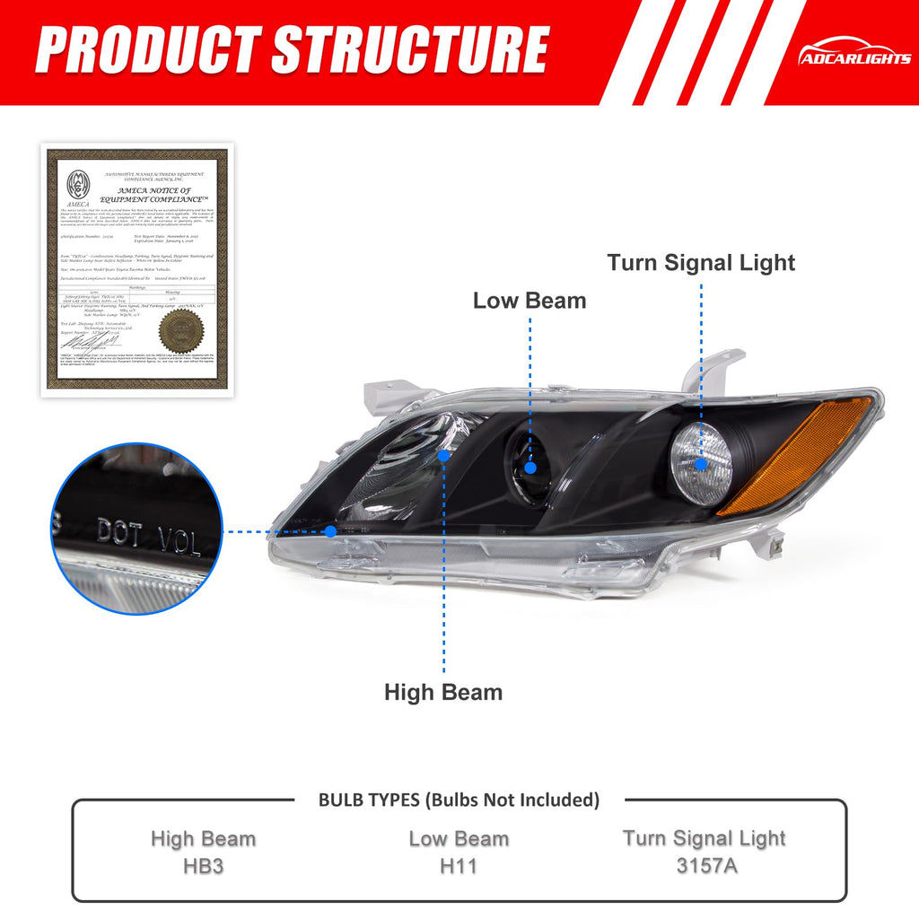 Compatible with 2007-2009 Toyota Camry Headlights Assembly Black Housing Amber Reflectors Left and Right Pairs Q83152