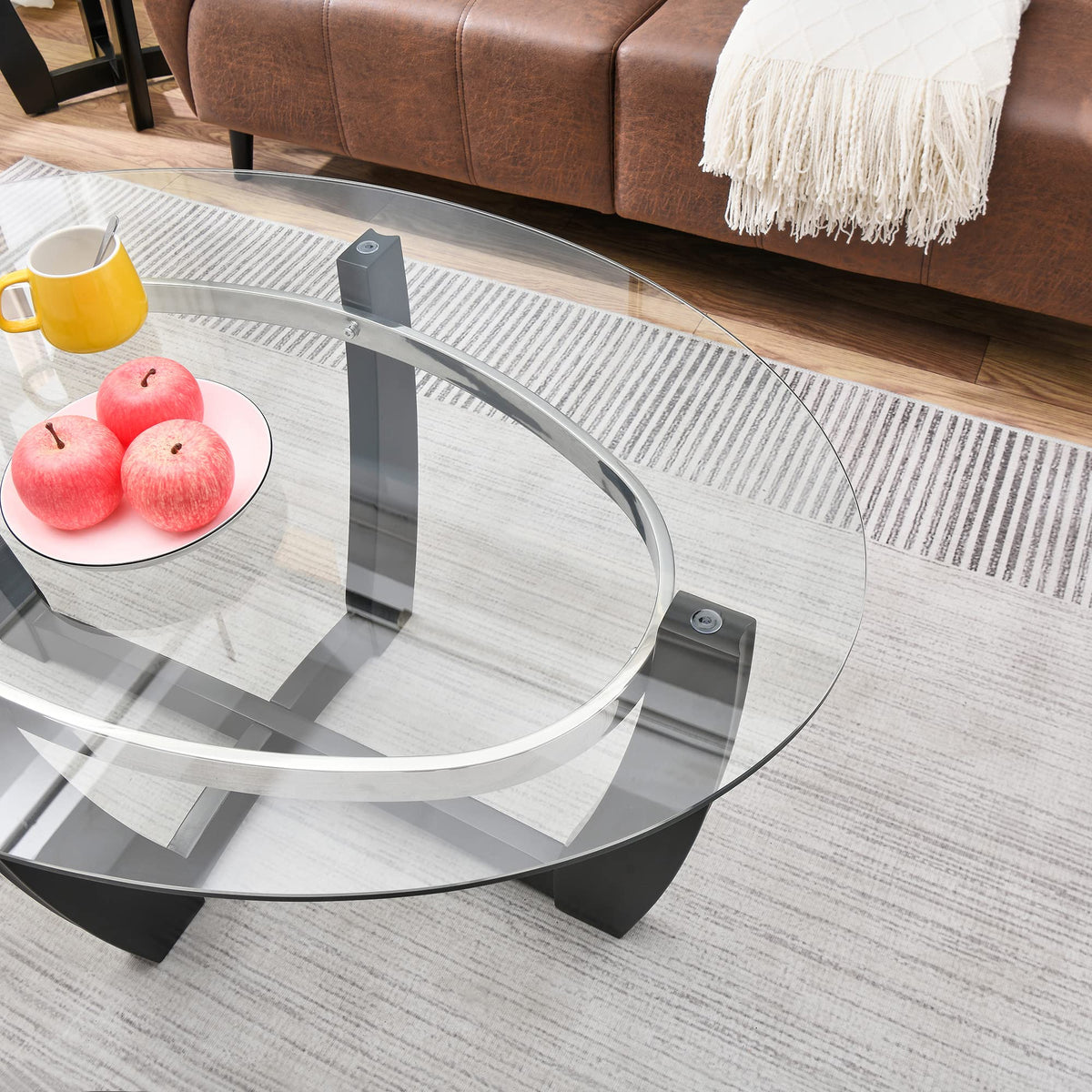 Glass Coffee Table with Solid Wood Base, 43.3''L x 29.5''W x 20.1''H B6554