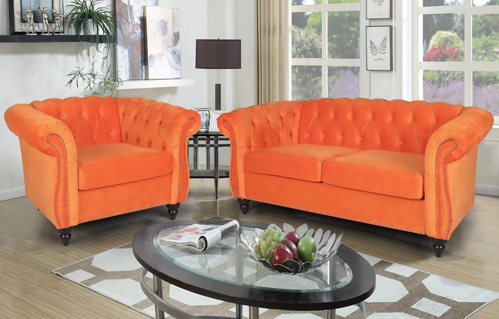 Orange Velvet 3 Pieces Sofa Set E66232