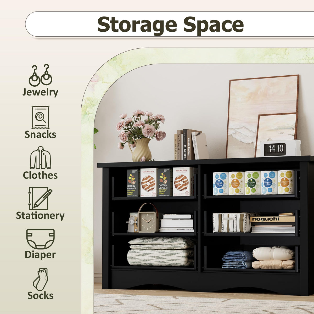 Black 6 Drawer Wood Dresser O6229