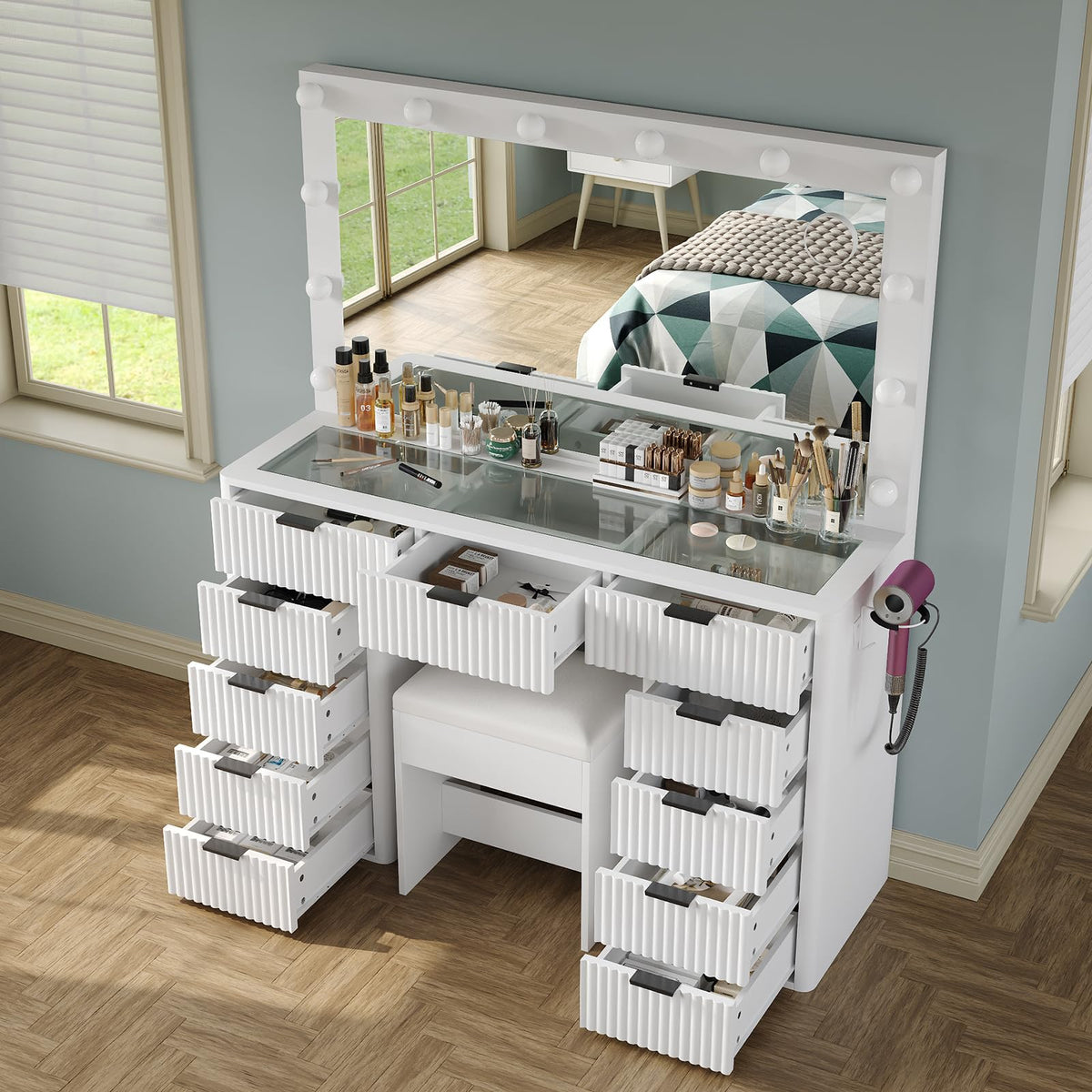 47" White Vanity Desk with 3-Color LED Mirror & 11 Drawers I160000