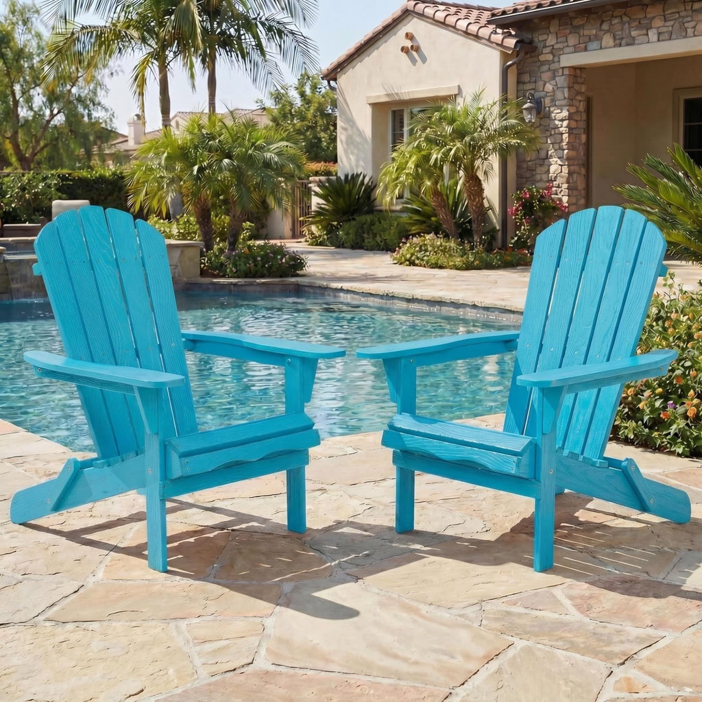 Folding Adirondack Chairs Set of 2 Solid Wood Turquoise Blue J3855