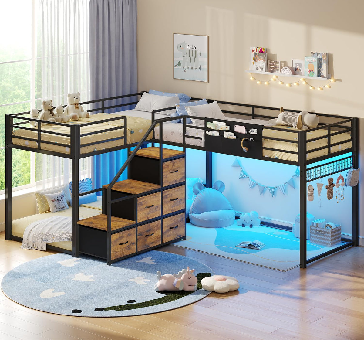 Twin Size L-Shaped Triple Bunk Beds with Staircase & 6 Storage Drawers U988980
