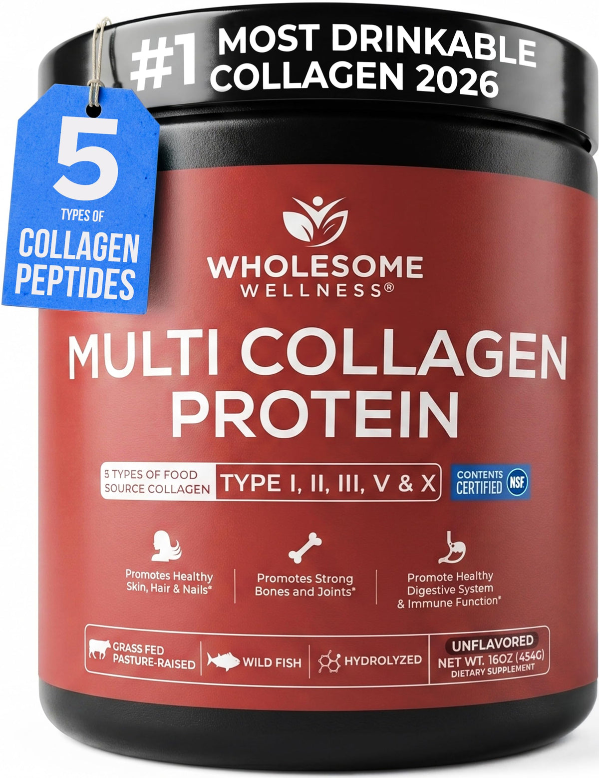 Multi Collagen Peptides Protein Powder, 5 Types Hydrolyzed, Grass-Fed, Non-GMO, Unflavored E2085
