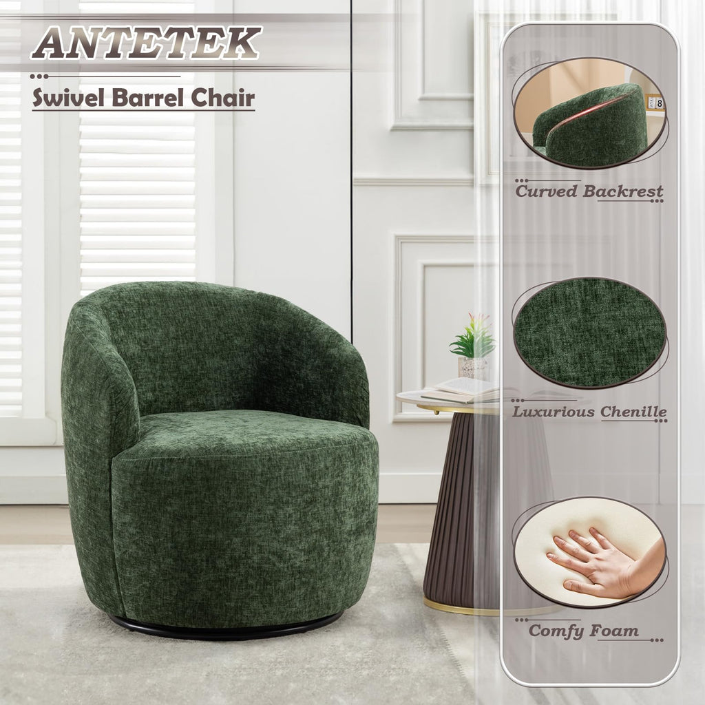 Green Chenille Swivel Barrel Chair A58307