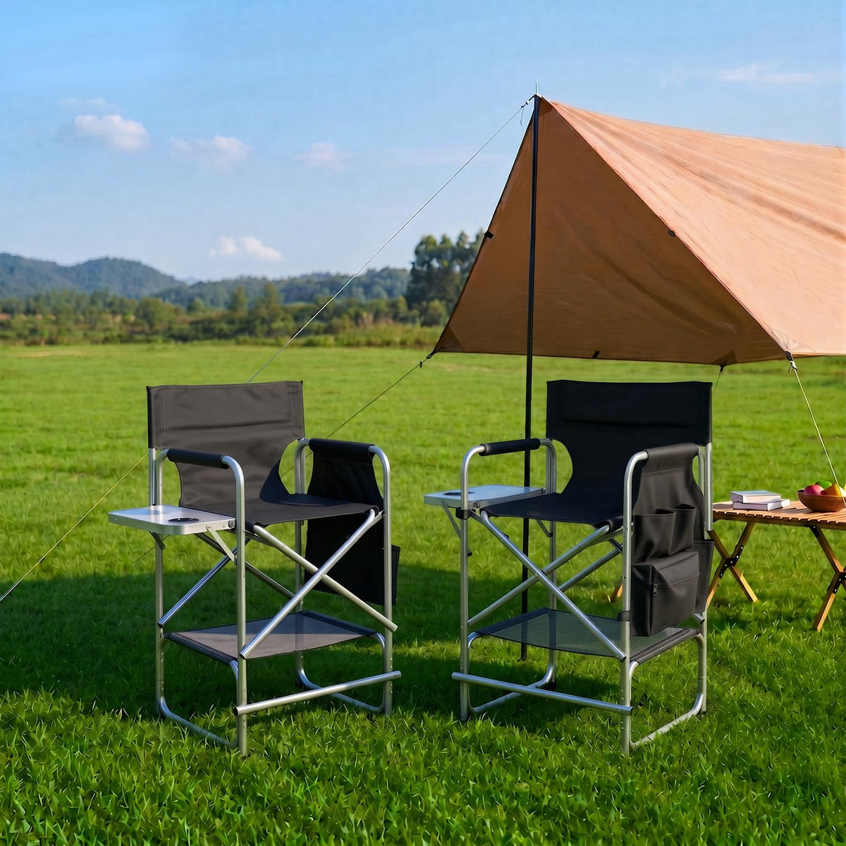 Black Foldable Makeup Chair with Side Table & Footrest Z38037