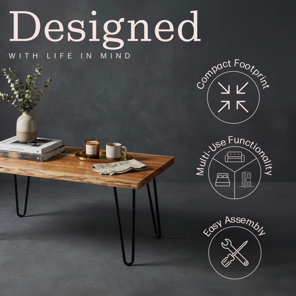 Solid Wood Coffee Table with Hairpin Metal Legs, 48 Inch V476817
