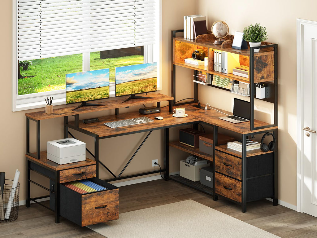 L Shaped Gaming Desk with Storage Drawers & Shelves T628108