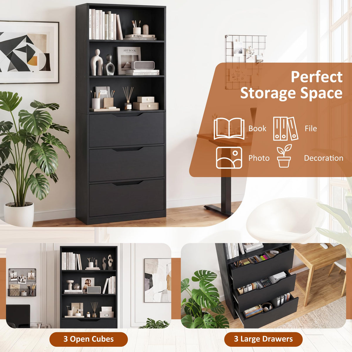 71” Tall Wood Bookshelf with 3 Drawers V9057