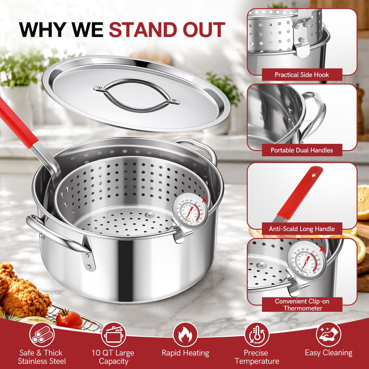10 QT Stainless Steel Deep Fryer Pot with Basket S211615