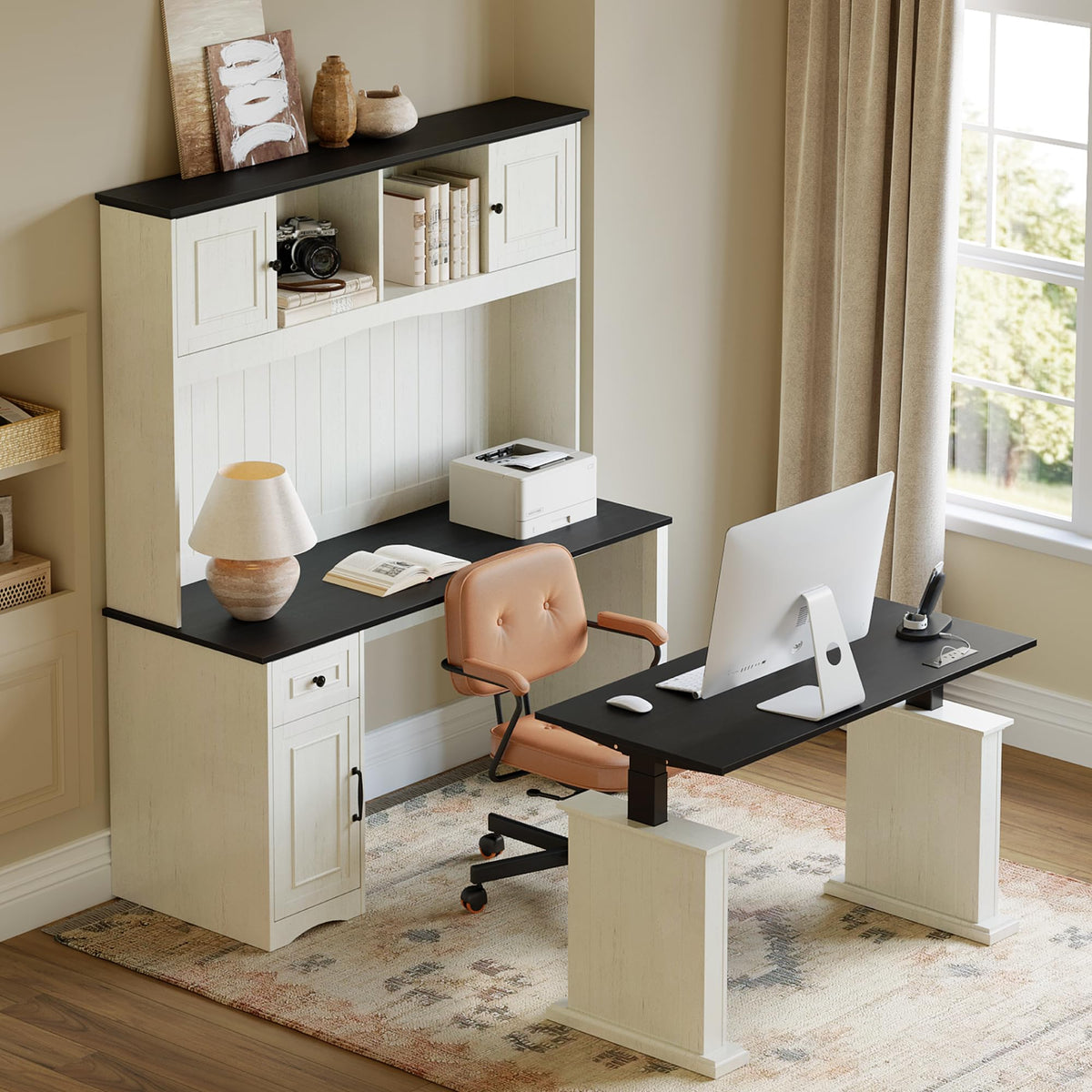 L Shaped Electric Standing Desk with Hutch and Drawers D673973