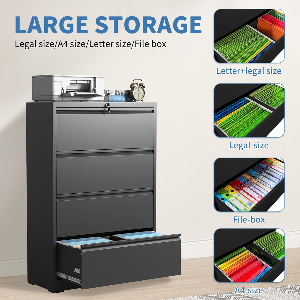 Black 4 Drawer Metal Lateral File Cabinet with Lock G13504