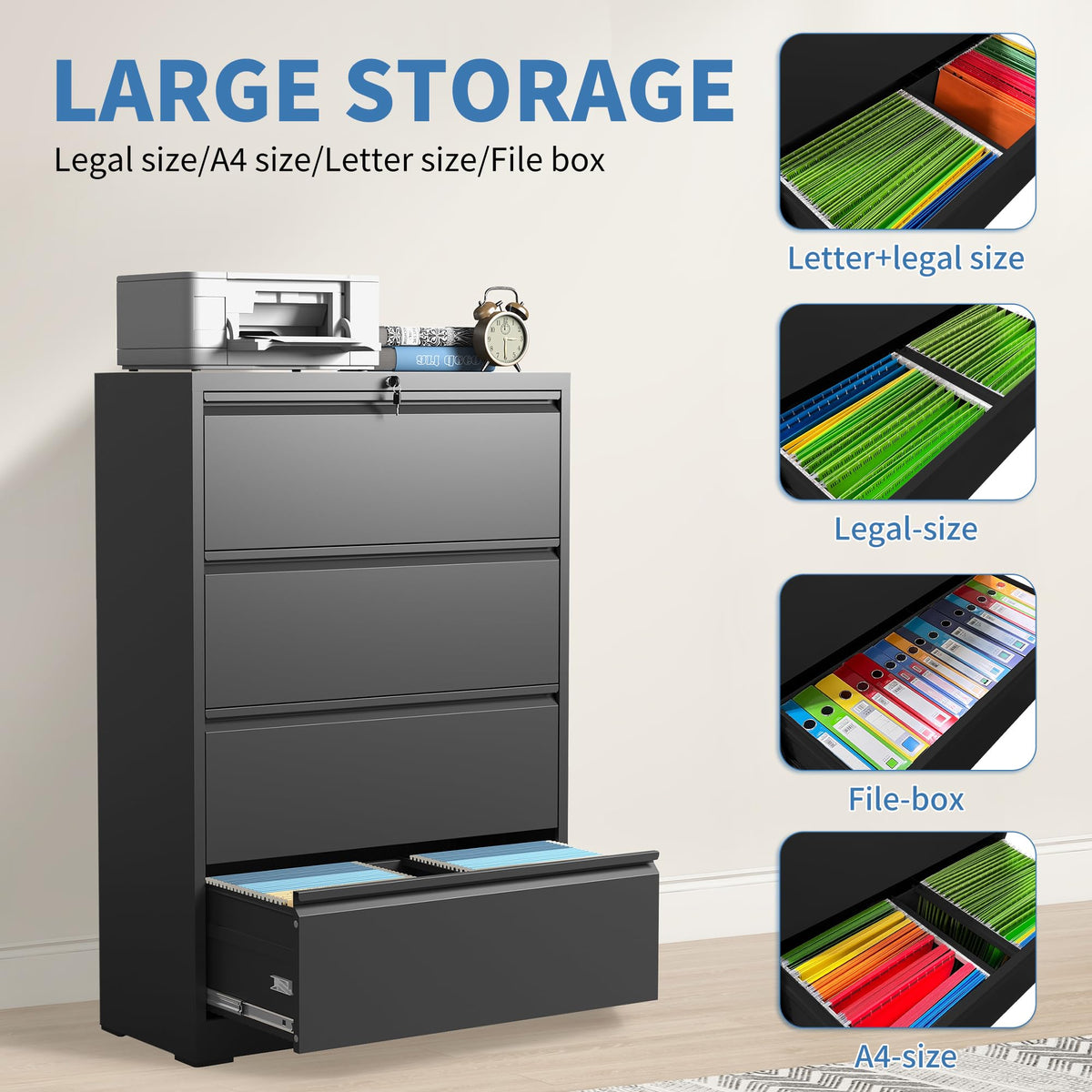 Black 4 Drawer Metal Lateral File Cabinet with Lock G13504