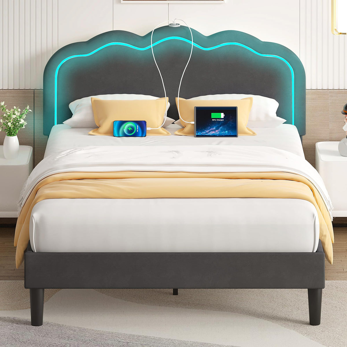 Queen Size Velvet Upholstered Platform Bed Frame with Headboard A80795
