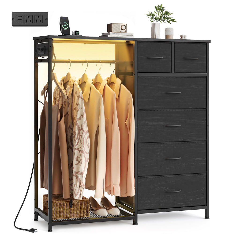 Dresser with Hanging Rod, Closet Organizer with 6 Fabric Drawers R660