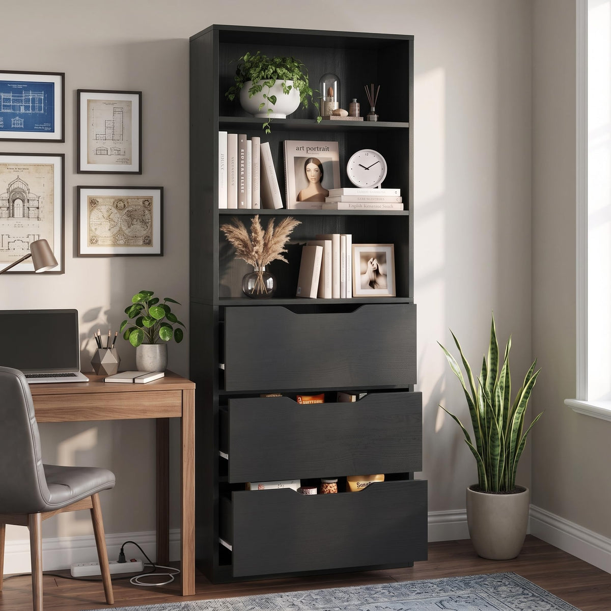 71” Tall Wood Bookshelf with 3 Drawers V9057