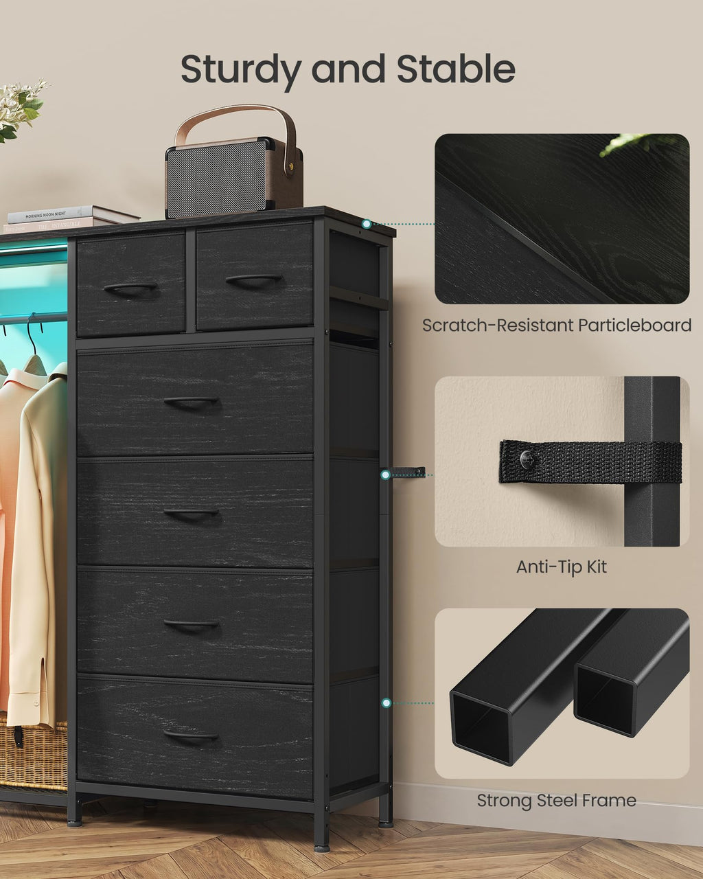 Dresser with Hanging Rod, Closet Organizer with 6 Fabric Drawers R660
