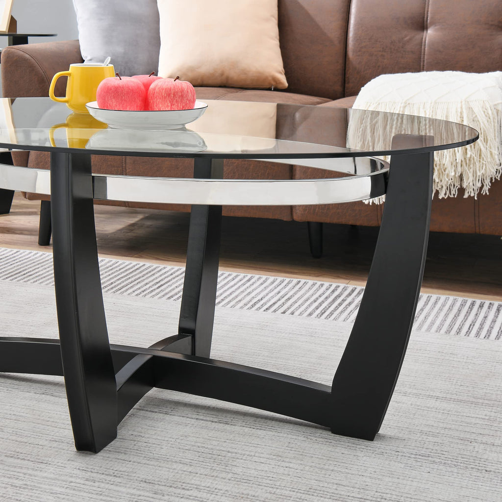 Glass Coffee Table with Solid Wood Base, 43.3''L x 29.5''W x 20.1''H B6554