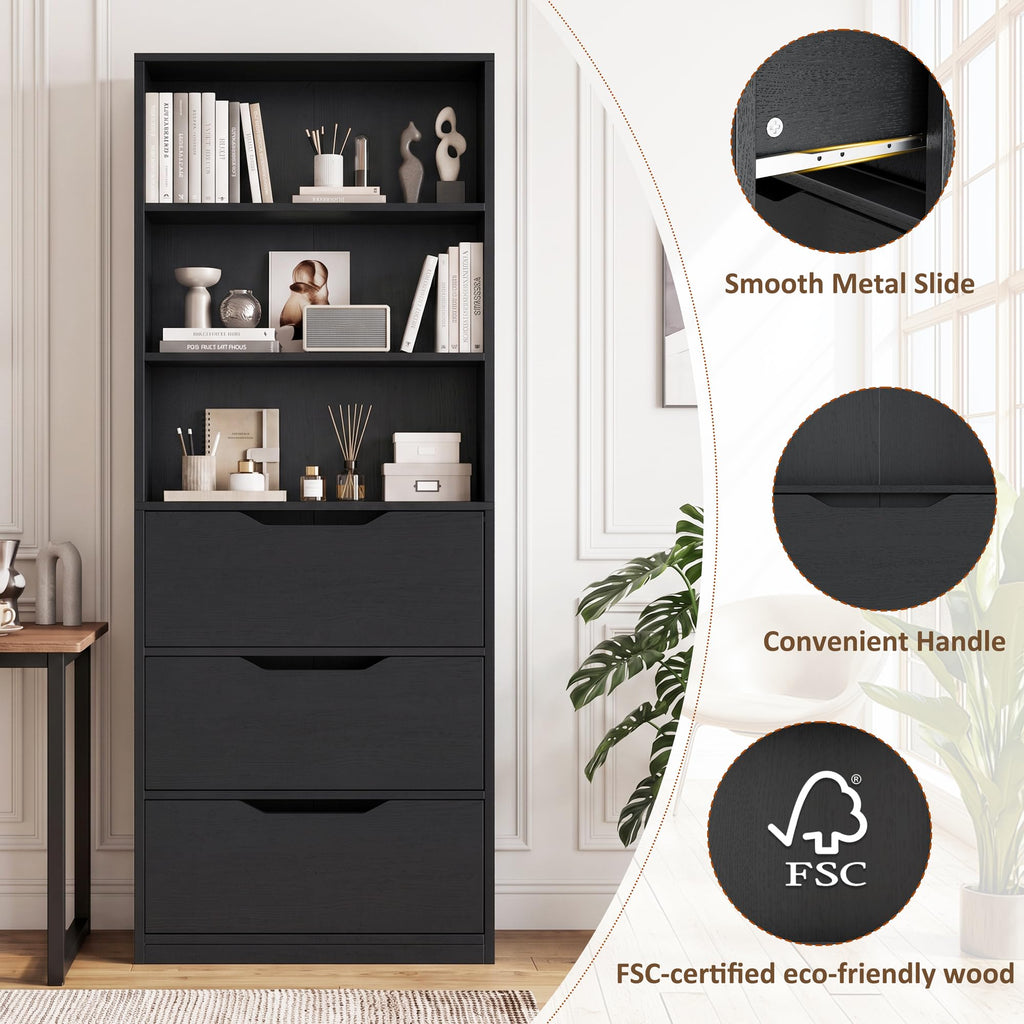 71” Tall Wood Bookshelf with 3 Drawers V9057
