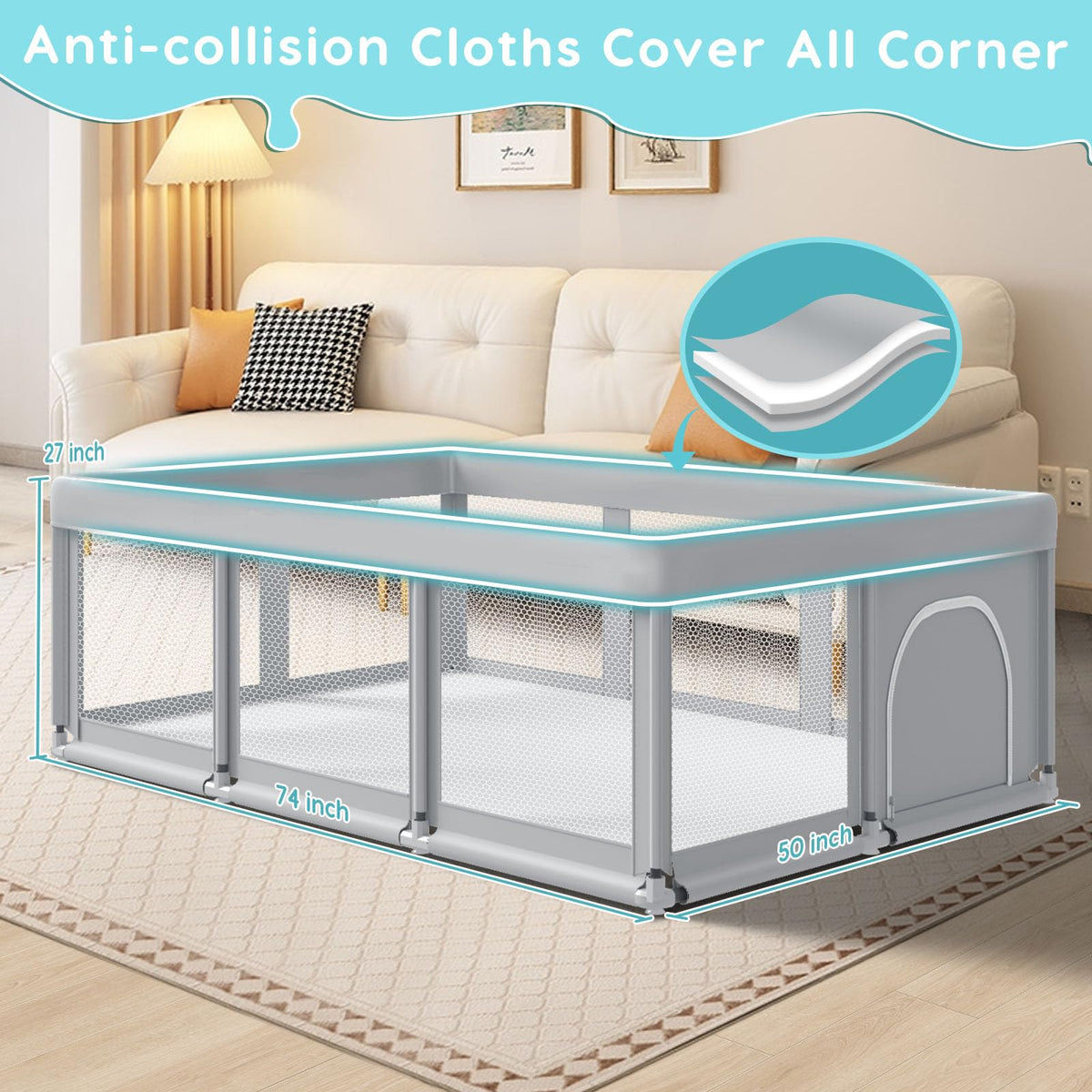 74" ×50" Large Baby Playpen with Soft Breathable Mesh, Grey S1249