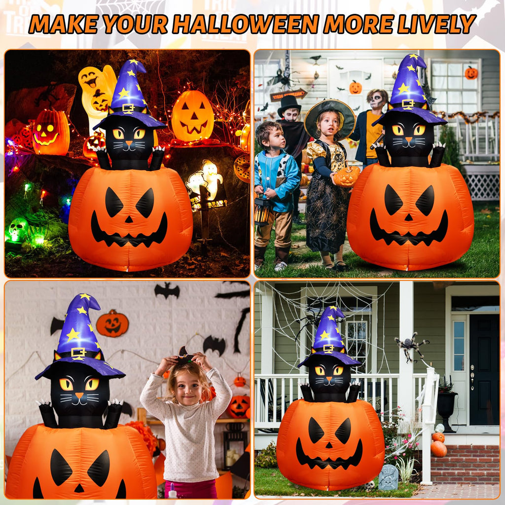 Halloween Inflatable Animated Witch Cat in Pumpkin N96136