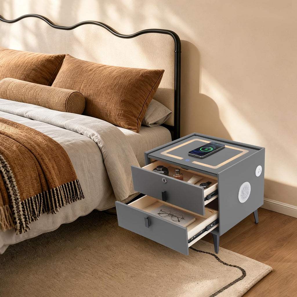 Smart Nightstand with Fingerprint Lock, Wireless Charging & 2-Drawer U327