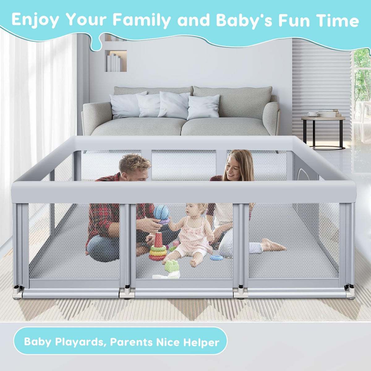 74" ×50" Large Baby Playpen with Soft Breathable Mesh, Grey S1249