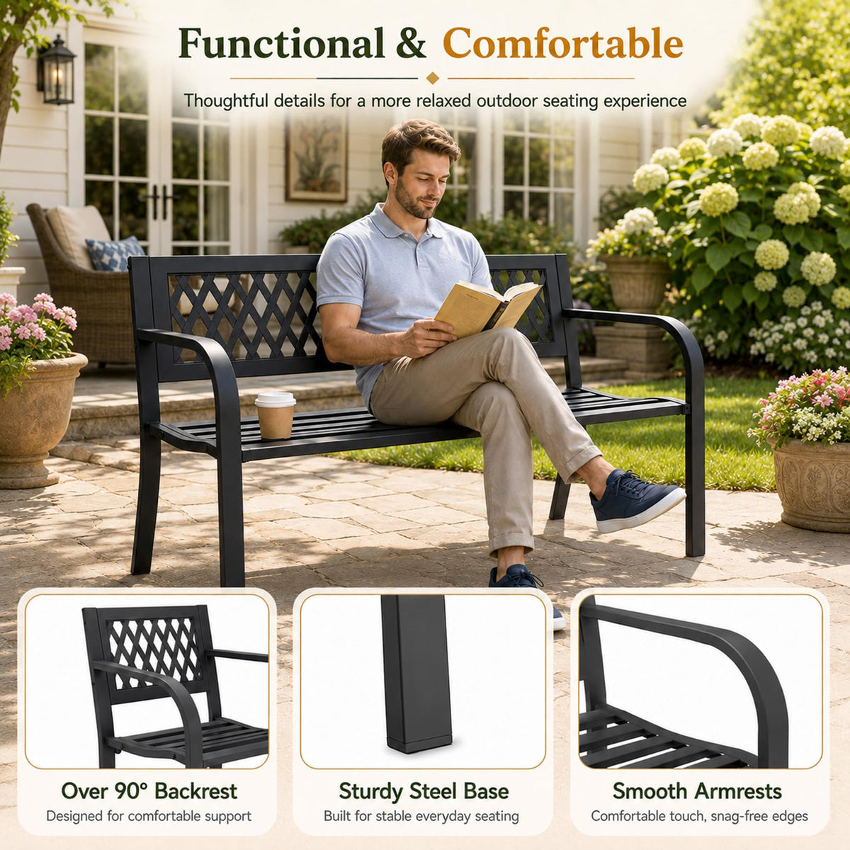 47" Black Outdoor Bench with Backrest X7730