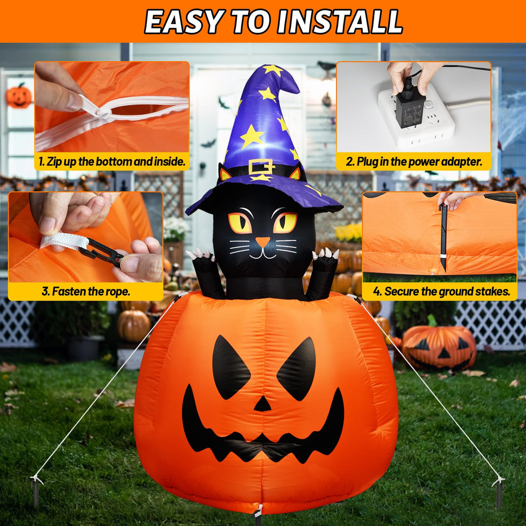 Halloween Inflatable Animated Witch Cat in Pumpkin N96136