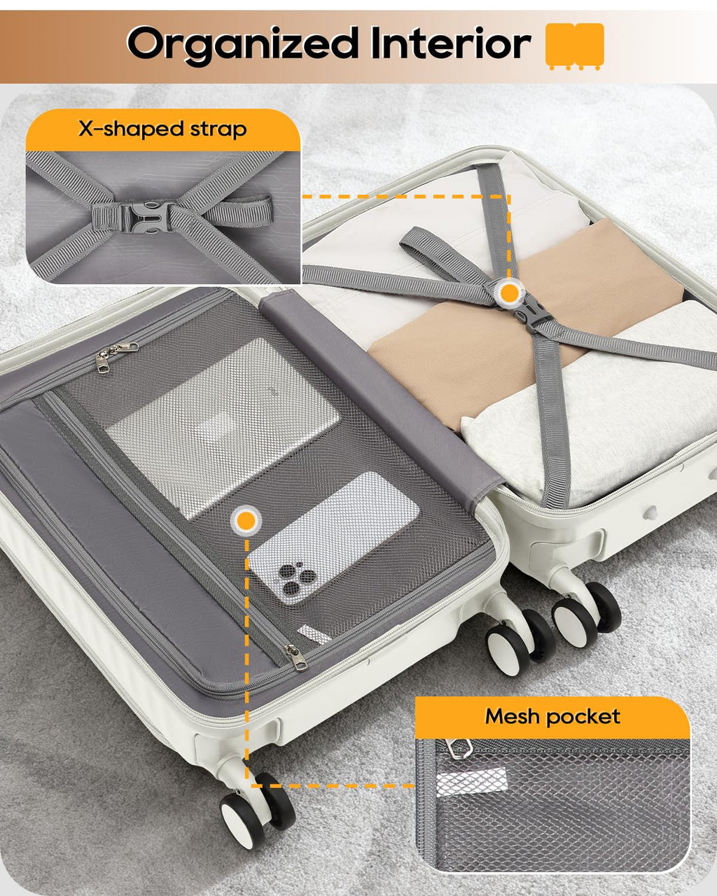 20 Inch Carry On Luggage with Front Pocket and Cup Holder, White G7280