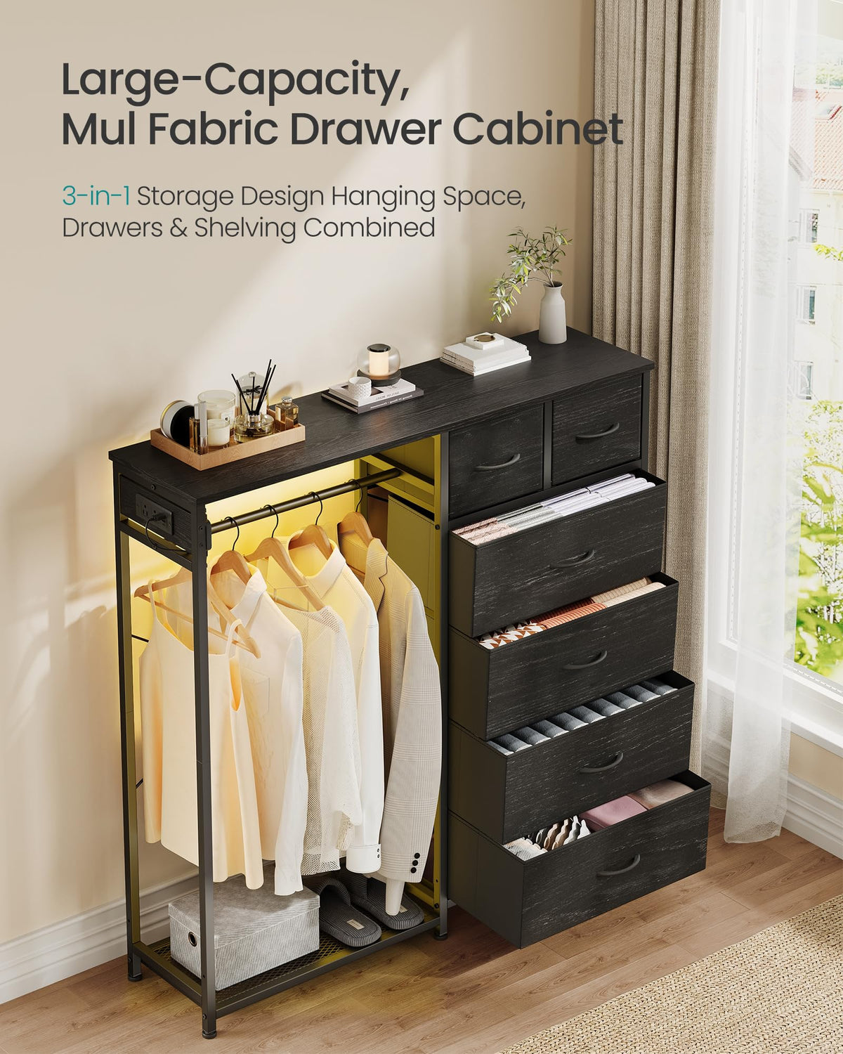 Dresser with Hanging Rod, Closet Organizer with 6 Fabric Drawers R660