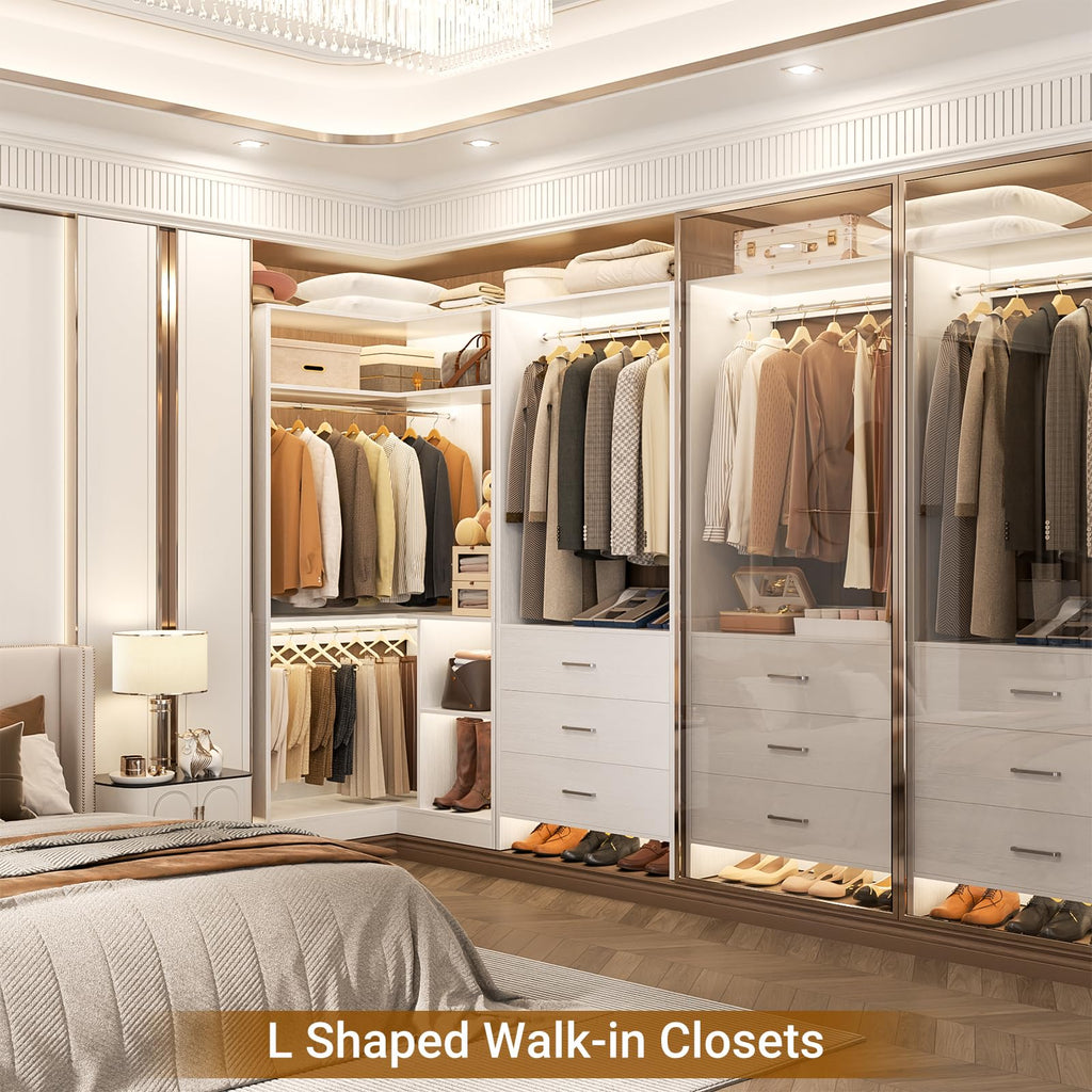 White L-Shaped Closet System with 3 Drawers S46487