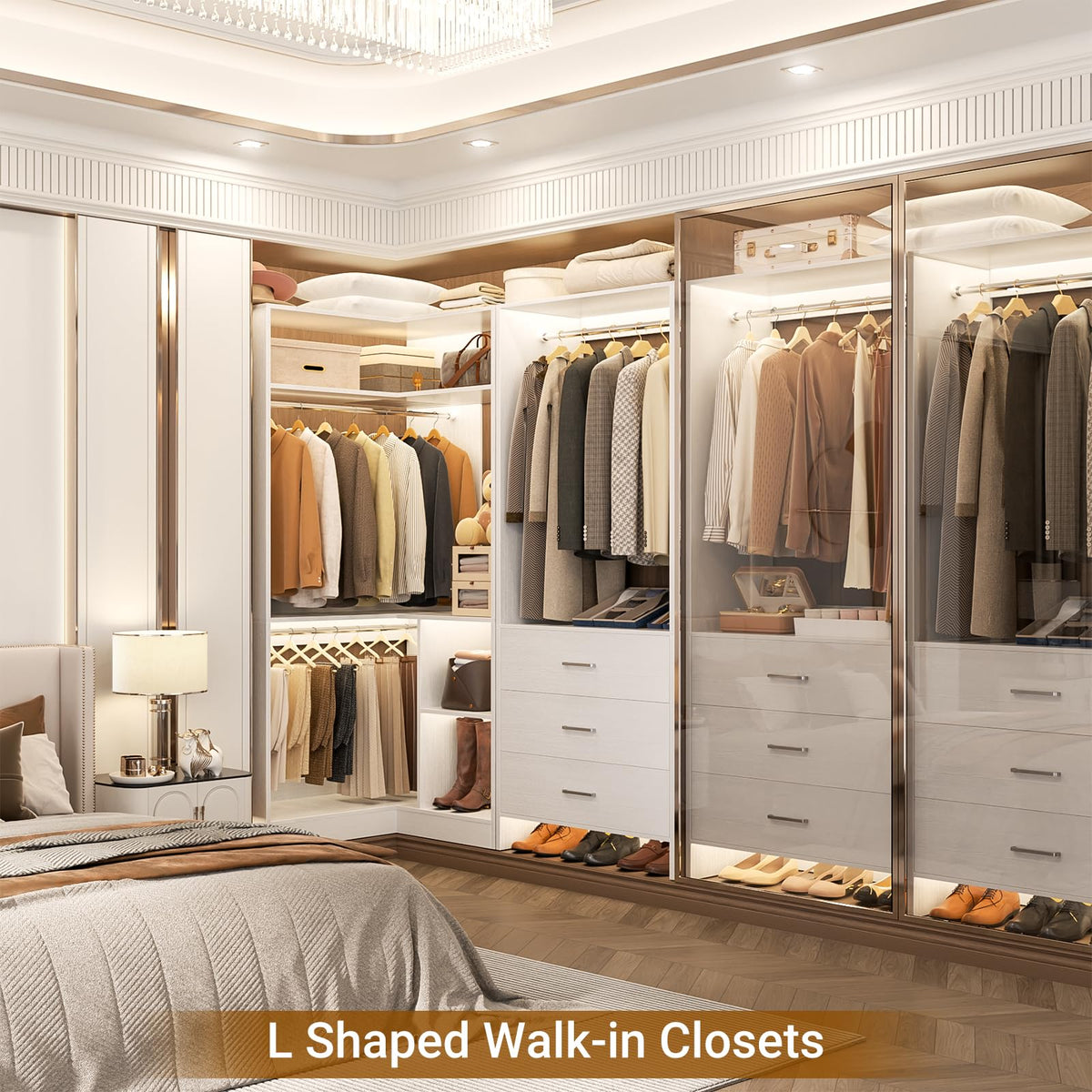 White L-Shaped Closet System with 3 Drawers S46487