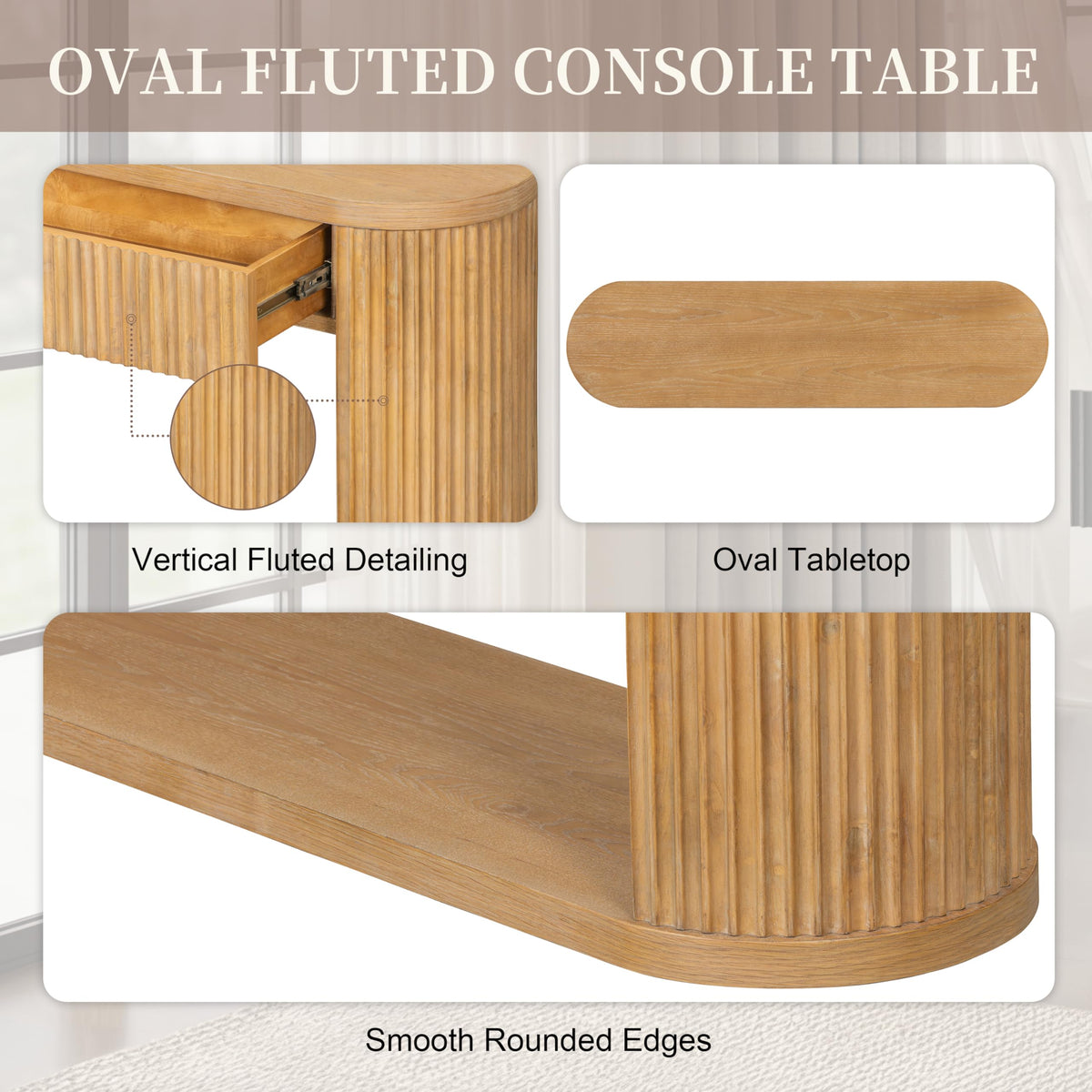 Fluted Console Table 2 Drawers Wood Natural Q251218