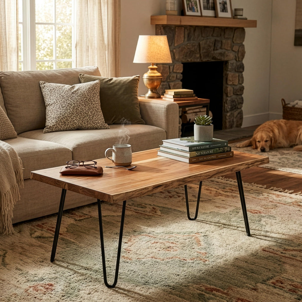 Solid Wood Coffee Table with Hairpin Metal Legs, 48 Inch V476817