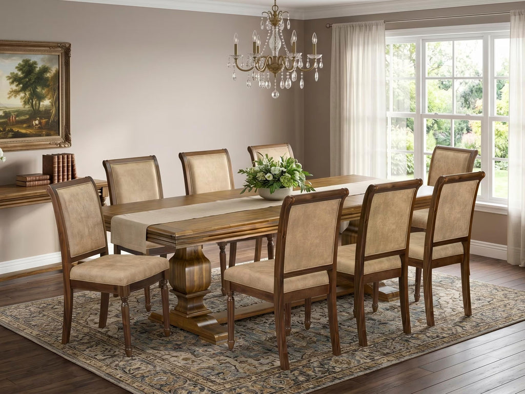 9 Piece Dining Table Set with 8 Beige Fabric Chairs F6477