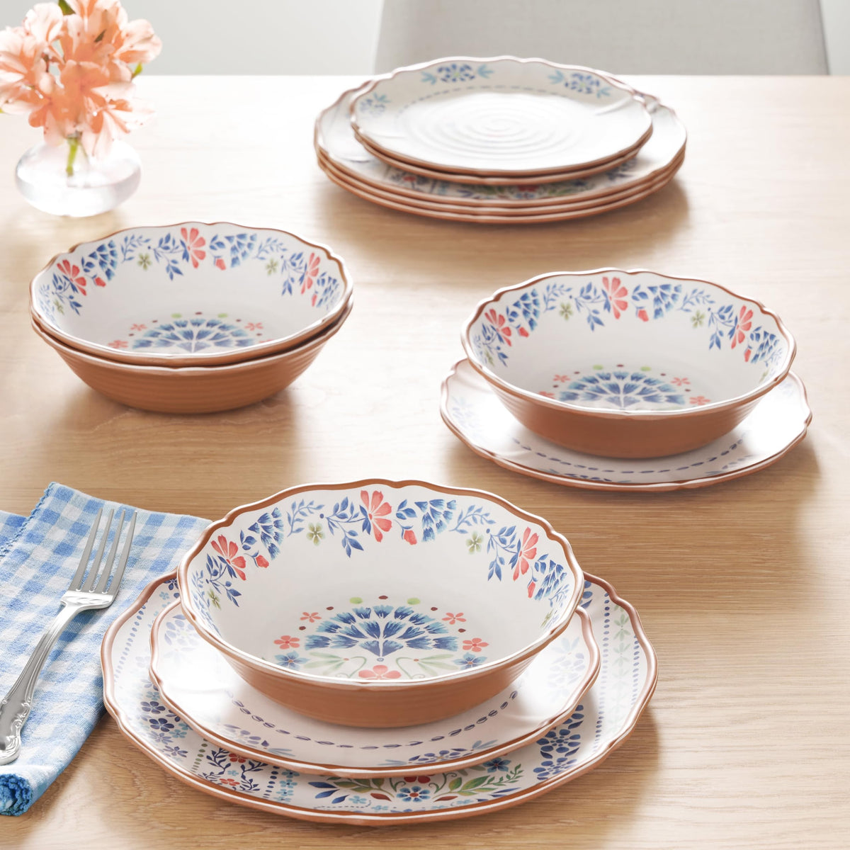 12-Piece Multicolor Bamboo Melamine Dinnerware Set Service For 4 A827