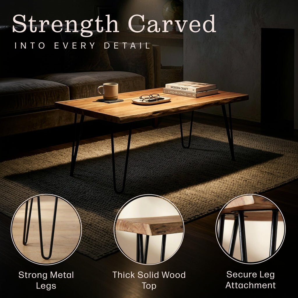 Solid Wood Coffee Table with Hairpin Metal Legs, 48 Inch V476817