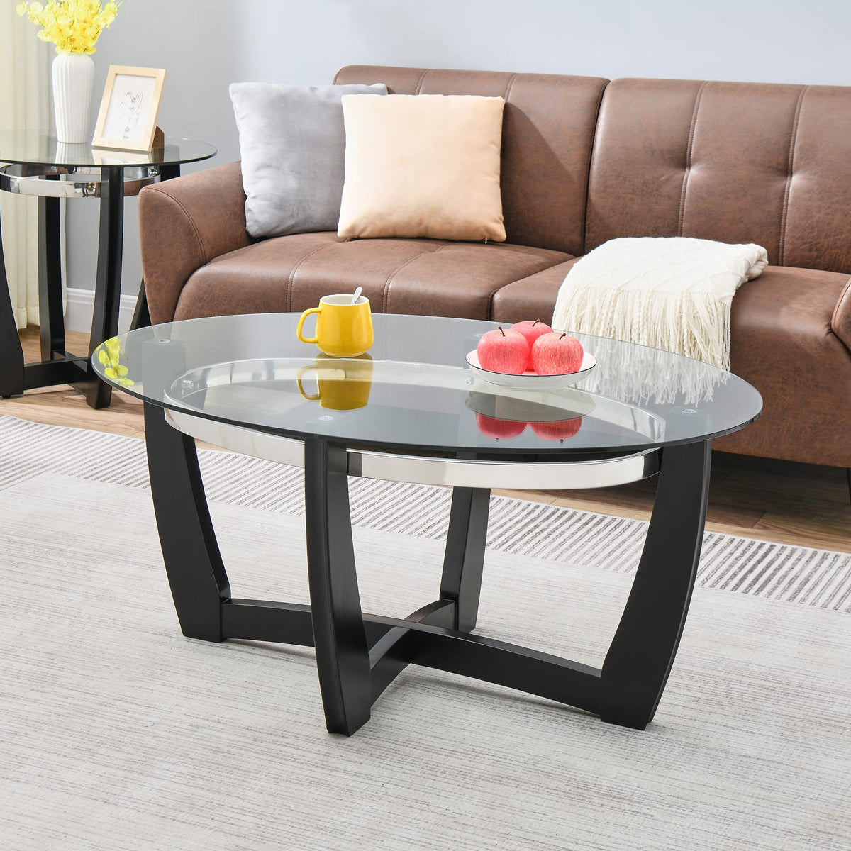 Glass Coffee Table with Solid Wood Base, 43.3''L x 29.5''W x 20.1''H B6554