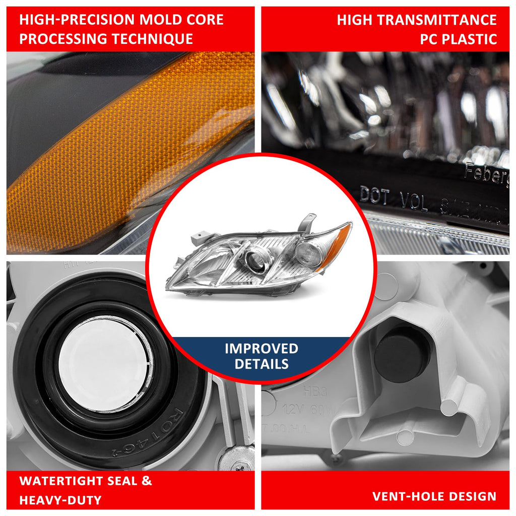 Compatible with 2007-2009 Toyota Camry Headlights Assembly Black Housing Amber Reflectors Left and Right Pairs Q83152
