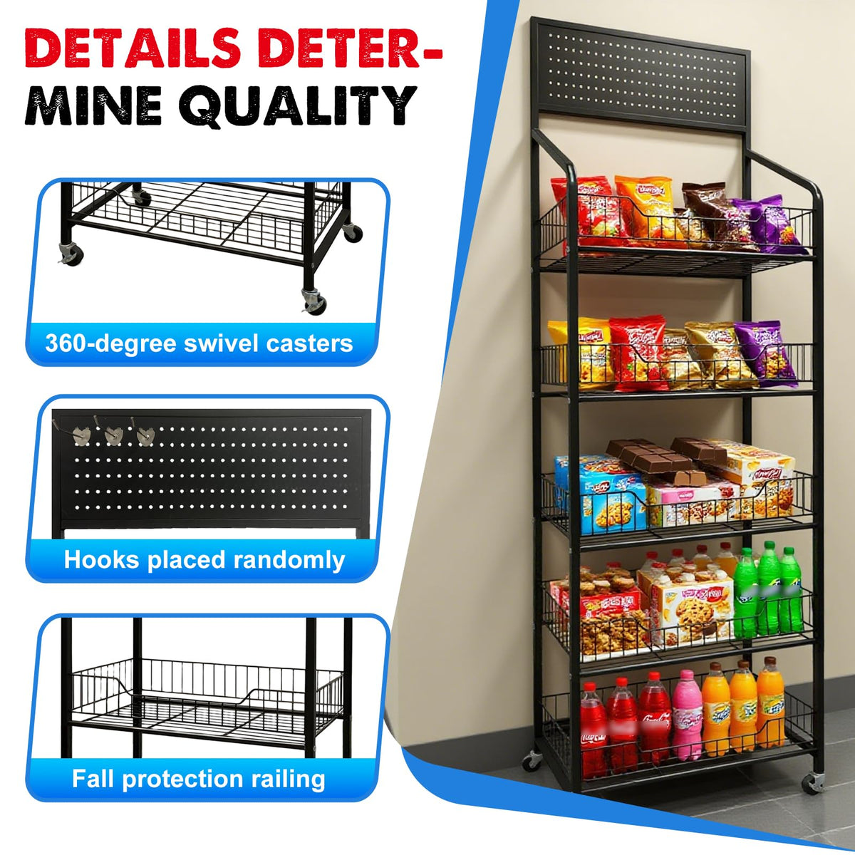 5 Tier Metal Candy Display Rack with Wheels & 15 Hooks J52286