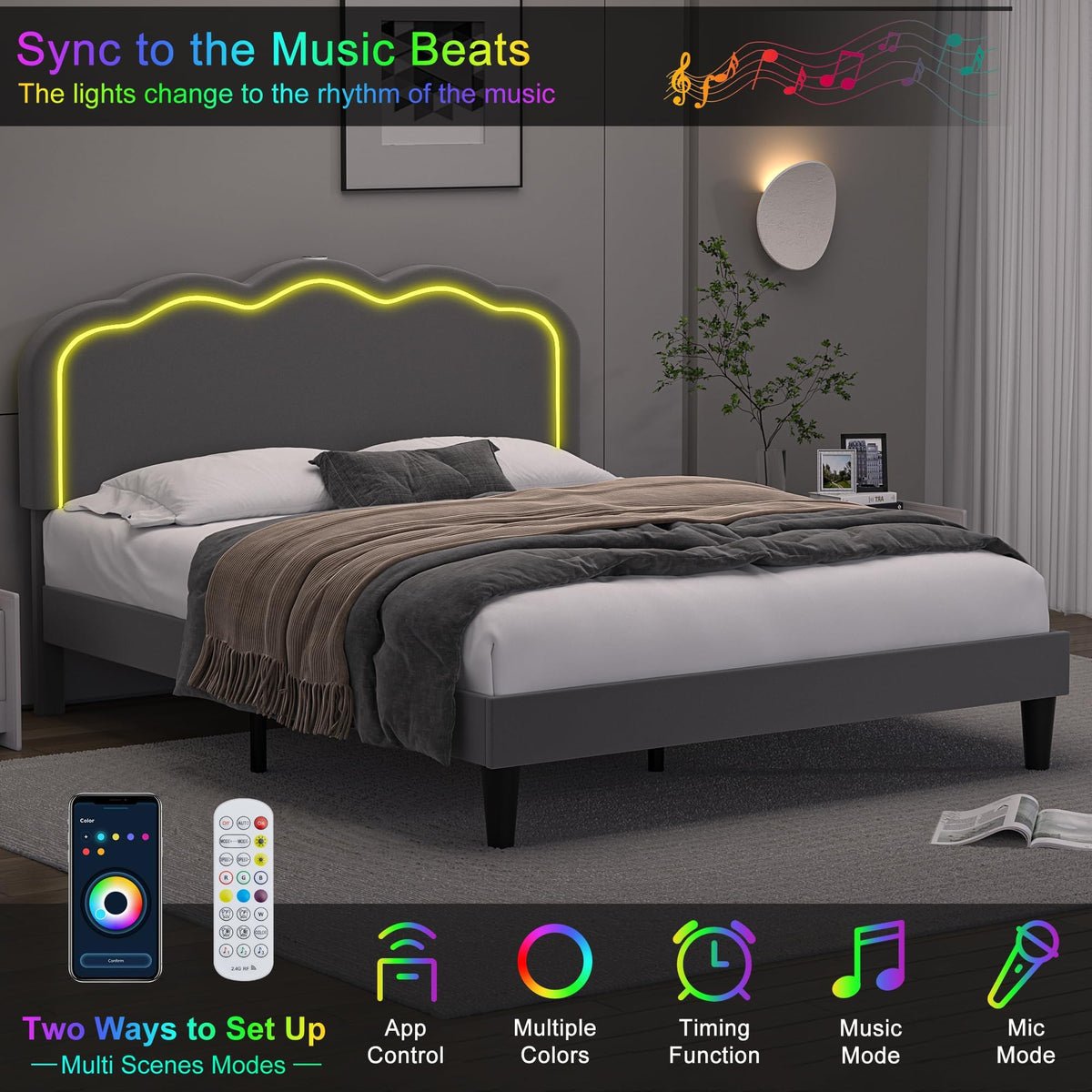 Queen Size Velvet Upholstered Platform Bed Frame with Headboard A80795