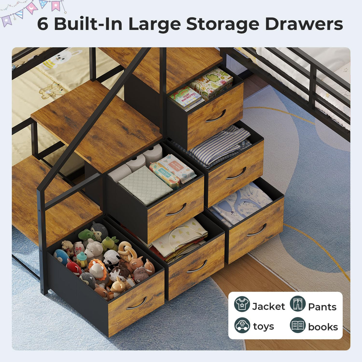Twin Size L-Shaped Triple Bunk Beds with Staircase & 6 Storage Drawers U988980