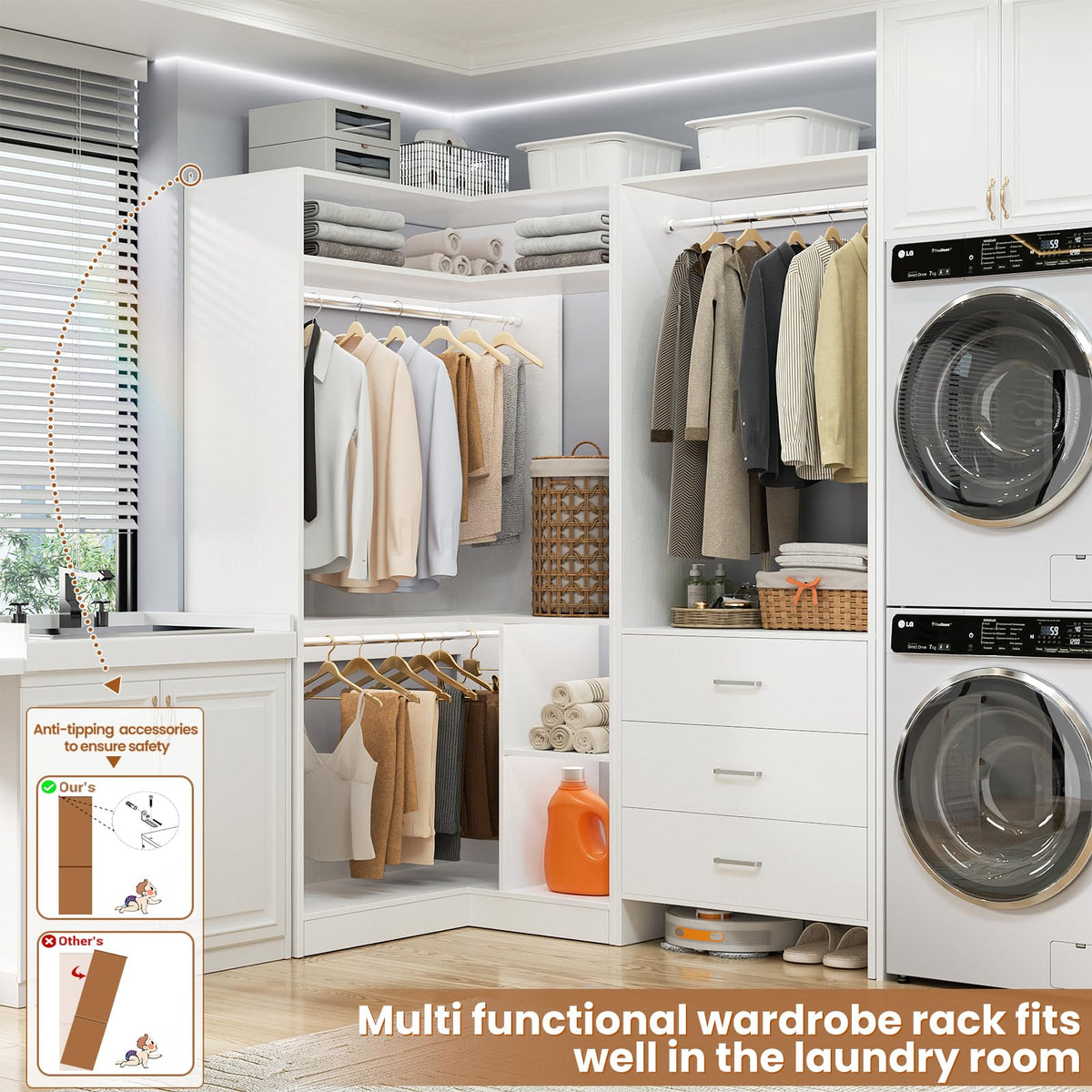 White L-Shaped Closet System with 3 Drawers S46487