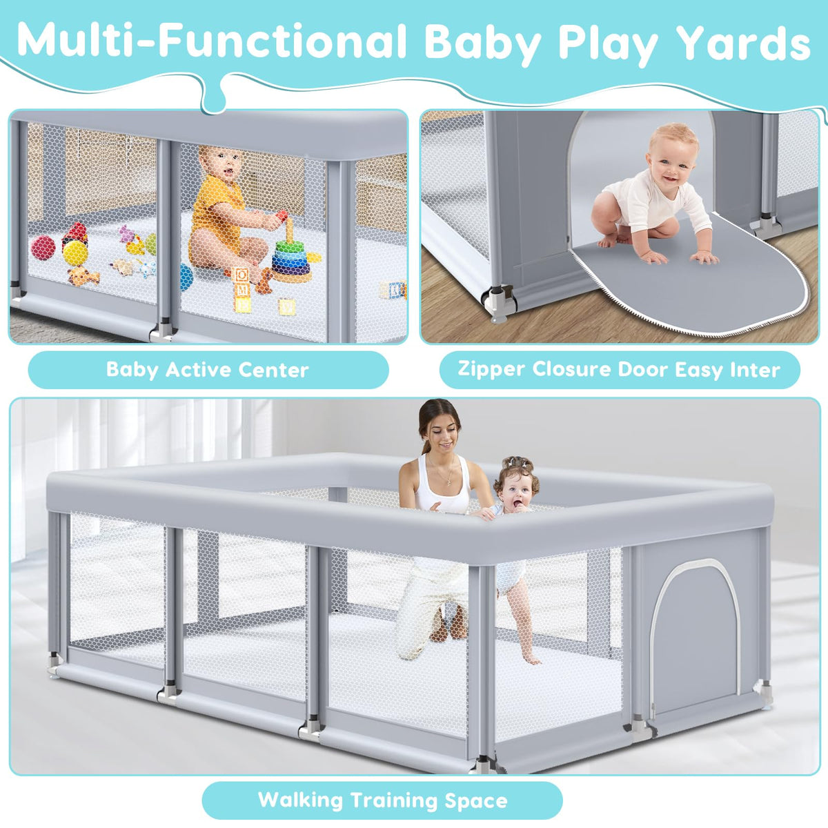 74" ×50" Large Baby Playpen with Soft Breathable Mesh, Grey S1249