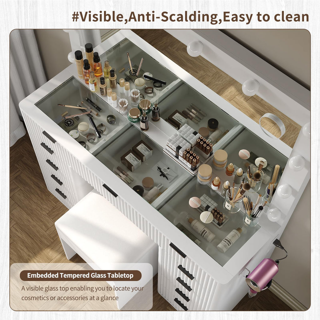 47" White Vanity Desk with 3-Color LED Mirror & 11 Drawers I160000