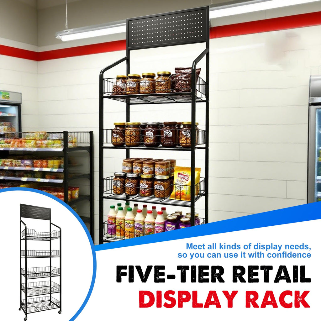 5 Tier Metal Candy Display Rack with Wheels & 15 Hooks J52286