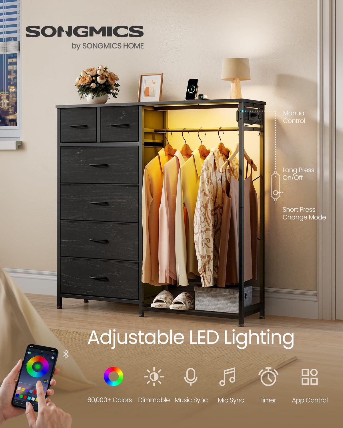 Dresser with Hanging Rod, Closet Organizer with 6 Fabric Drawers R660