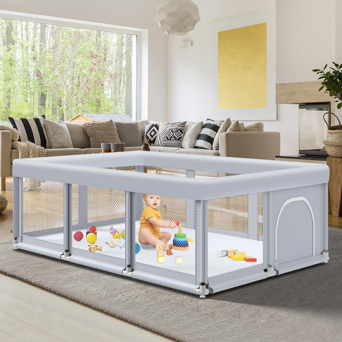 74" ×50" Large Baby Playpen with Soft Breathable Mesh, Grey S1249